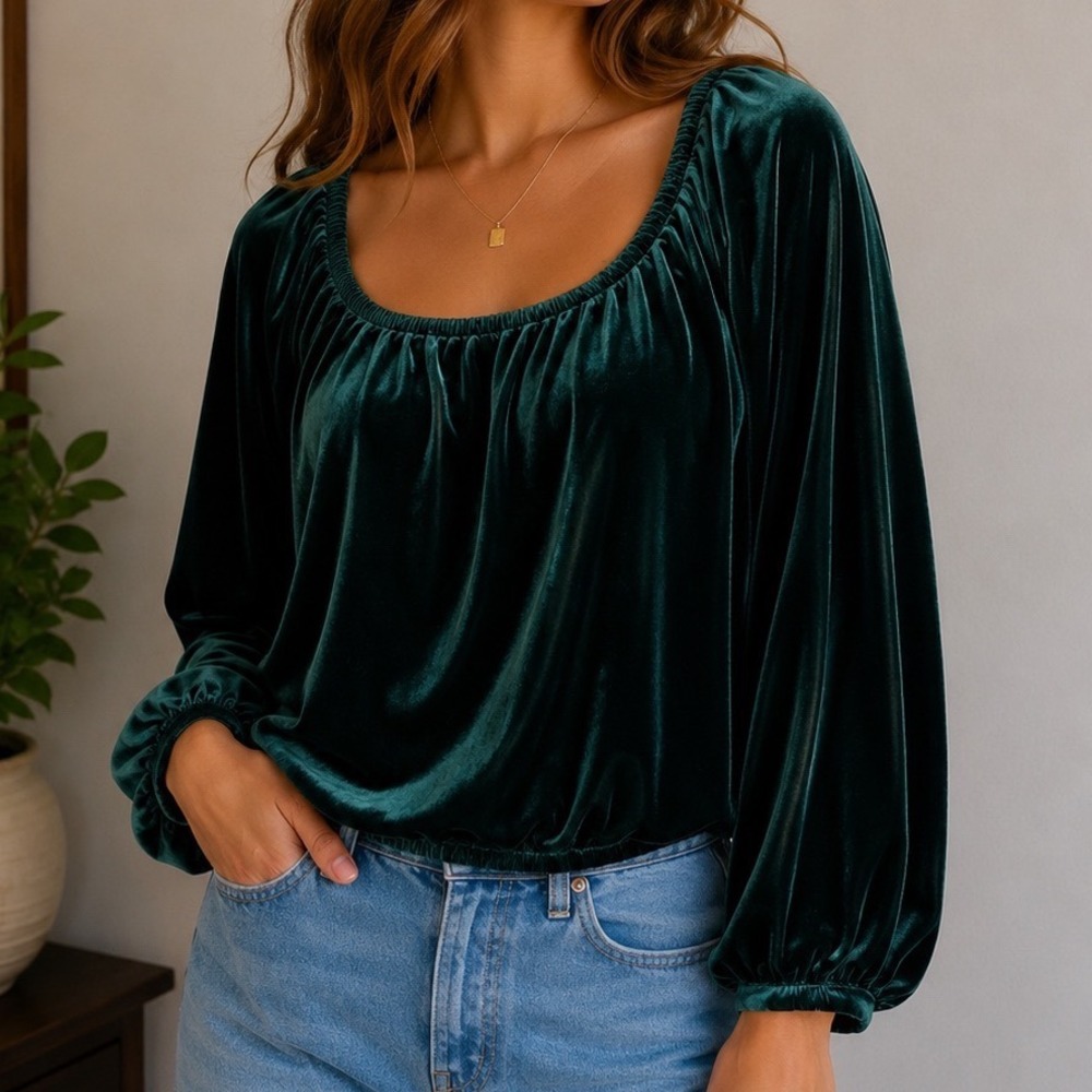 CeCe Velvet Blouse M Emerald Green Off Shoulder Luxe Holiday Romantic Top
